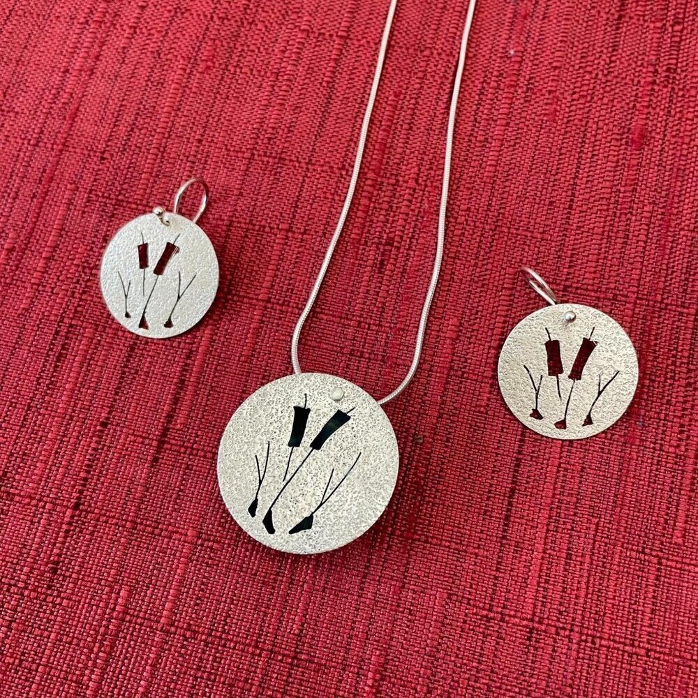 Jessie Senecal Handmade Sterling Sliver "Cattail" Locket Necklace and Earrings